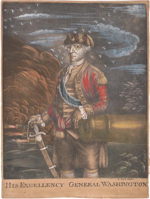 Benjamin Blyth, pinxt., with coloring by Samuel Blyth, His Excellency General Washington, ca. 1775, hand-colored mezzotint.